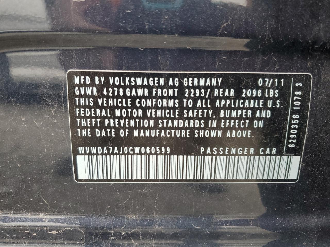 2012 Volkswagen Golf VIN: WVWDA7AJ0CW060599 Lot: 57204285