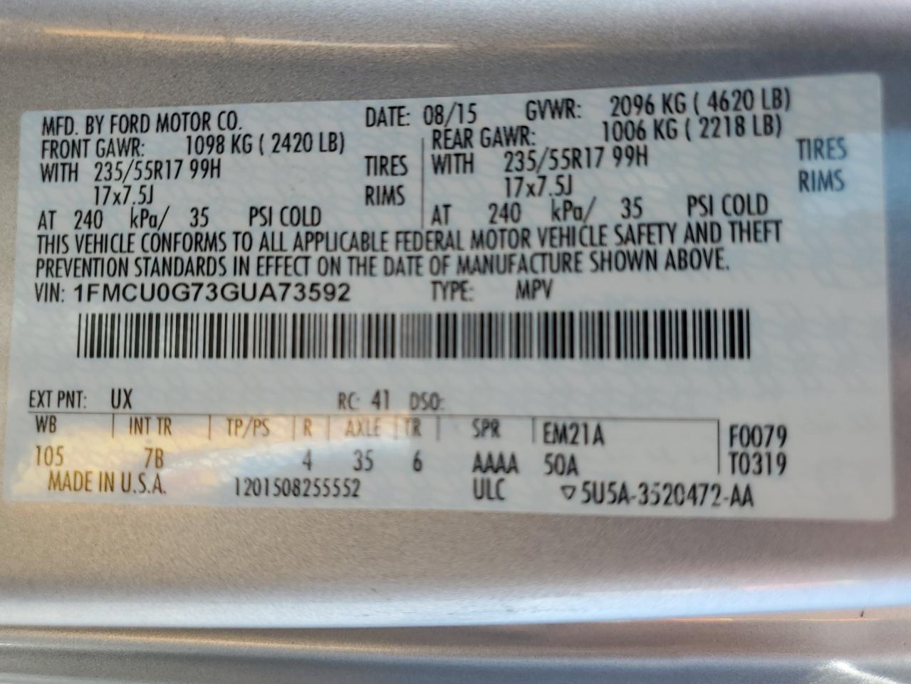 1FMCU0G73GUA73592 FORD ESCAPE 2016