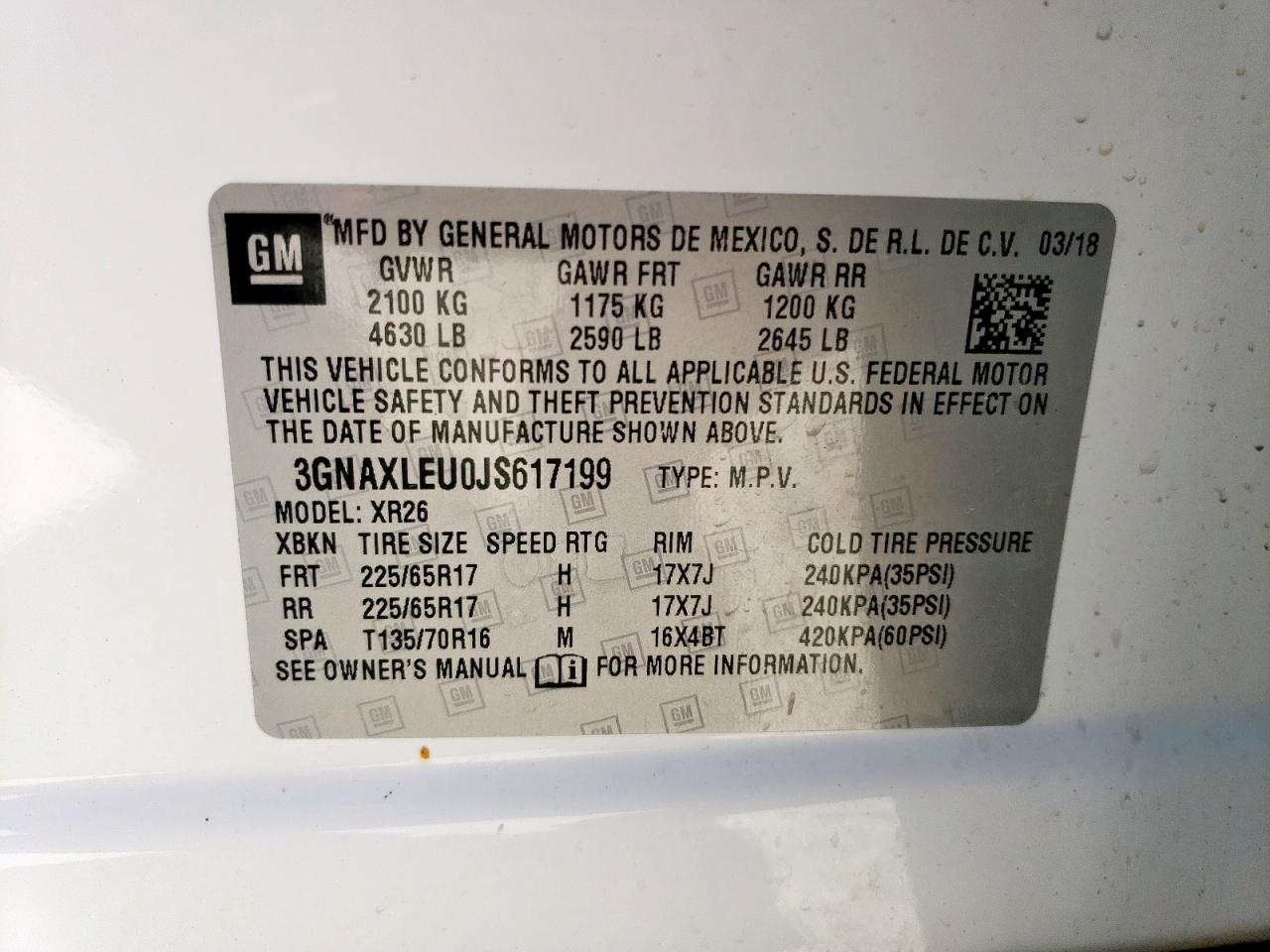 2018 Chevrolet Equinox Lt VIN: 3GNAXLEU0JS617199 Lot: 57232715