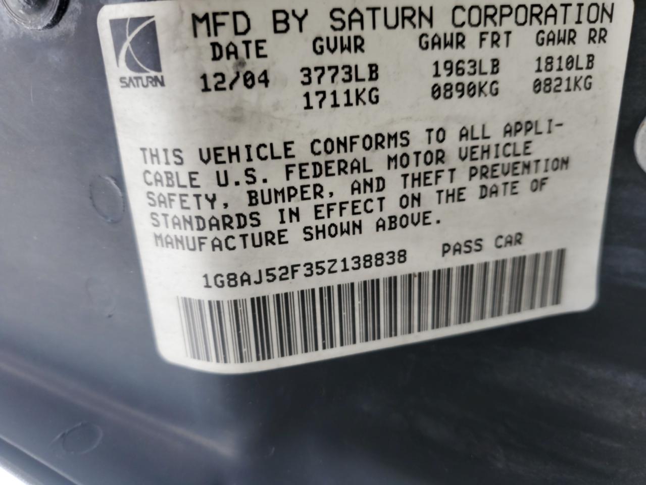 2005 Saturn Ion Level 2 VIN: 1G8AJ52F35Z138838 Lot: 56726225
