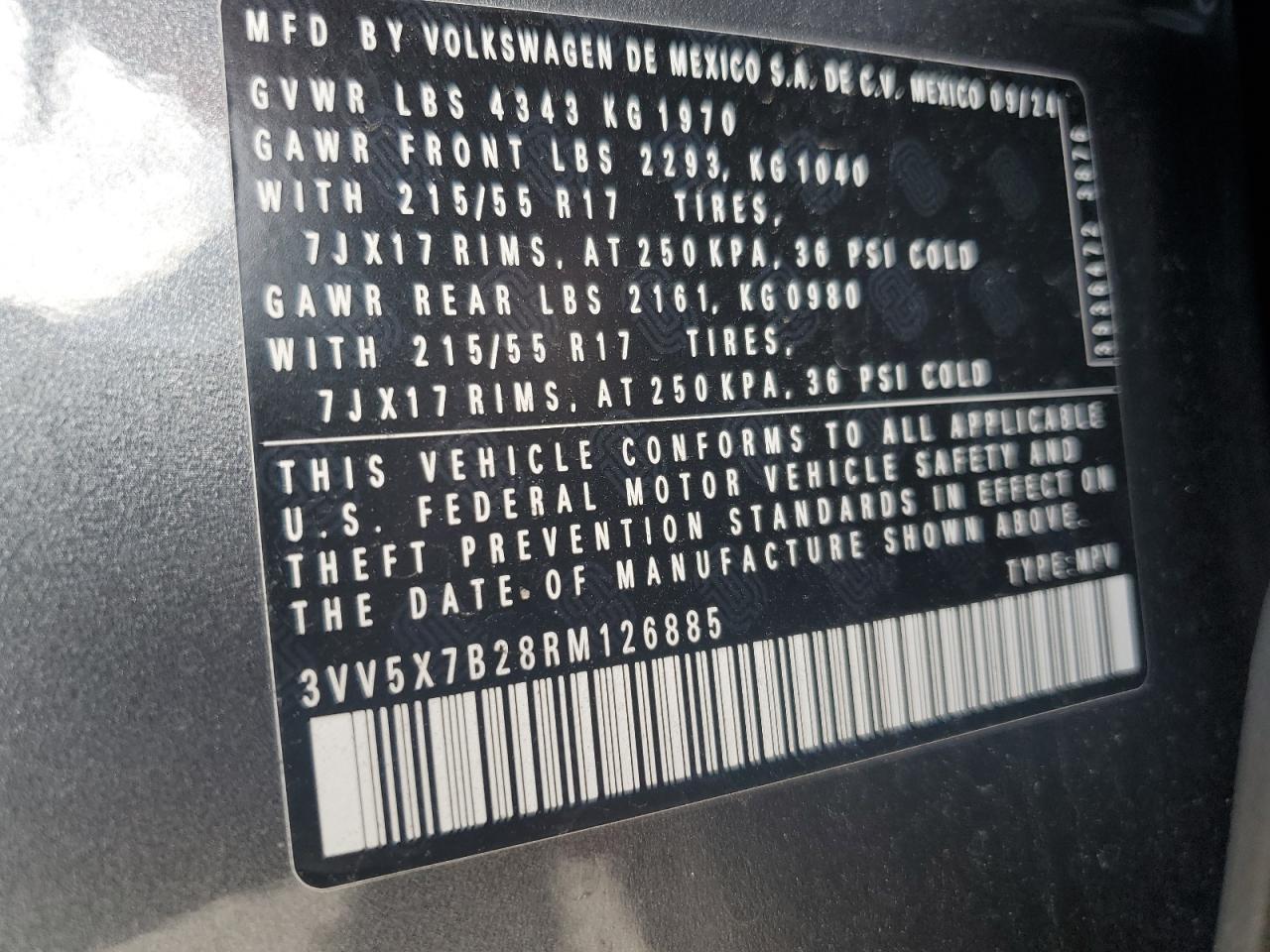 2024 Volkswagen Taos S VIN: 3VV5X7B28RM126885 Lot: 55948325