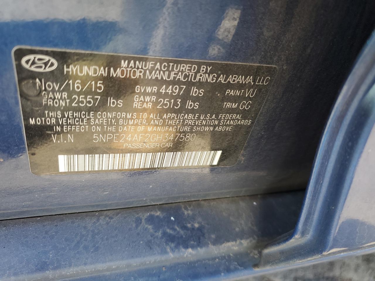 2016 Hyundai Sonata Se VIN: 5NPE24AF2GH347580 Lot: 59001095