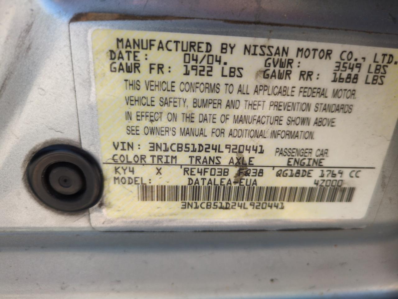 2004 Nissan Sentra 1.8 VIN: 3N1CB51D24L920441 Lot: 57888945