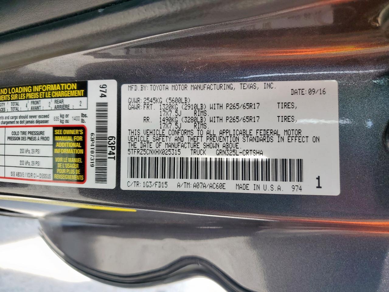 5TFRZ5CNXHX025315 TOYOTA TACOMA 2017