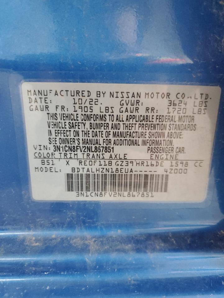2022 Nissan Versa Sr VIN: 3N1CN8FV2NL867851 Lot: 57891645