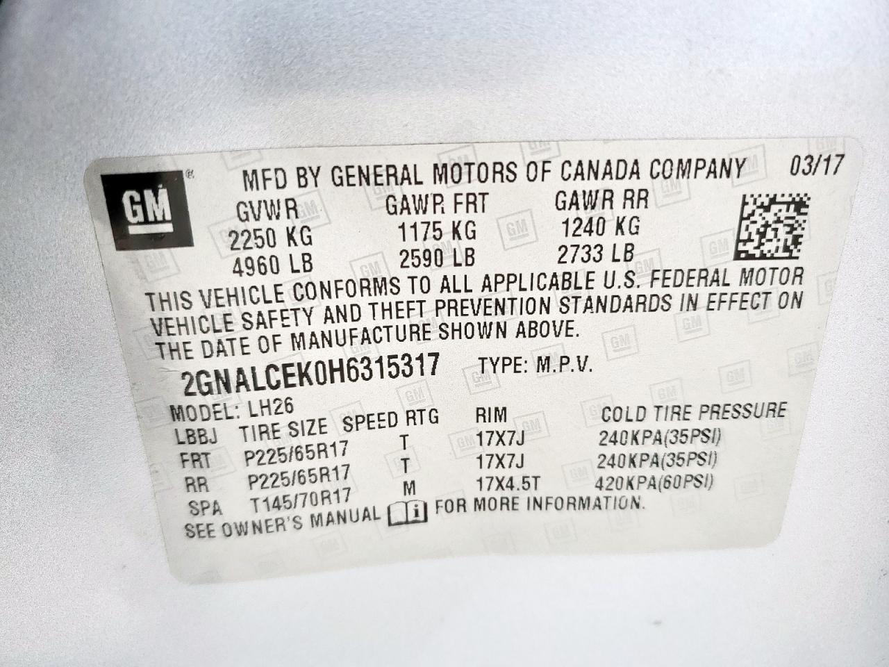 2017 Chevrolet Equinox Lt VIN: 2GNALCEK0H6315317 Lot: 57473435
