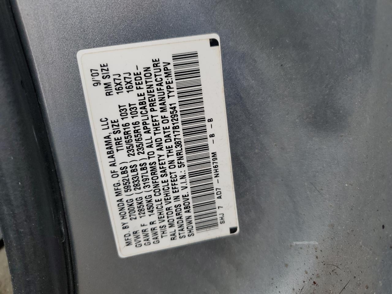 2007 Honda Odyssey Exl VIN: 5FNRL38717B129541 Lot: 57059575