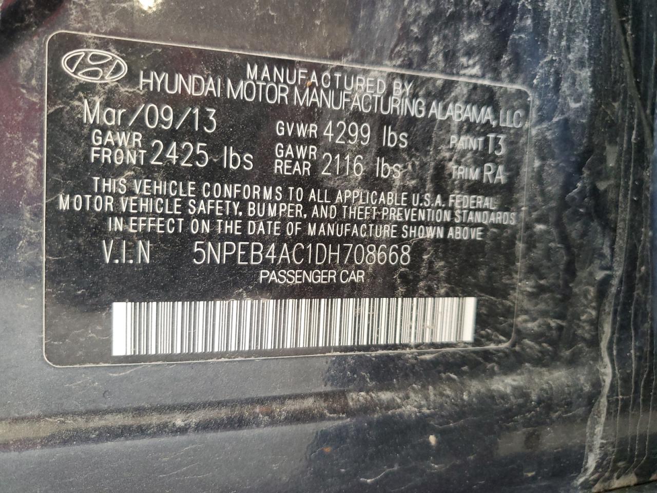 2013 Hyundai Sonata Gls VIN: 5NPEB4AC1DH708668 Lot: 56597675