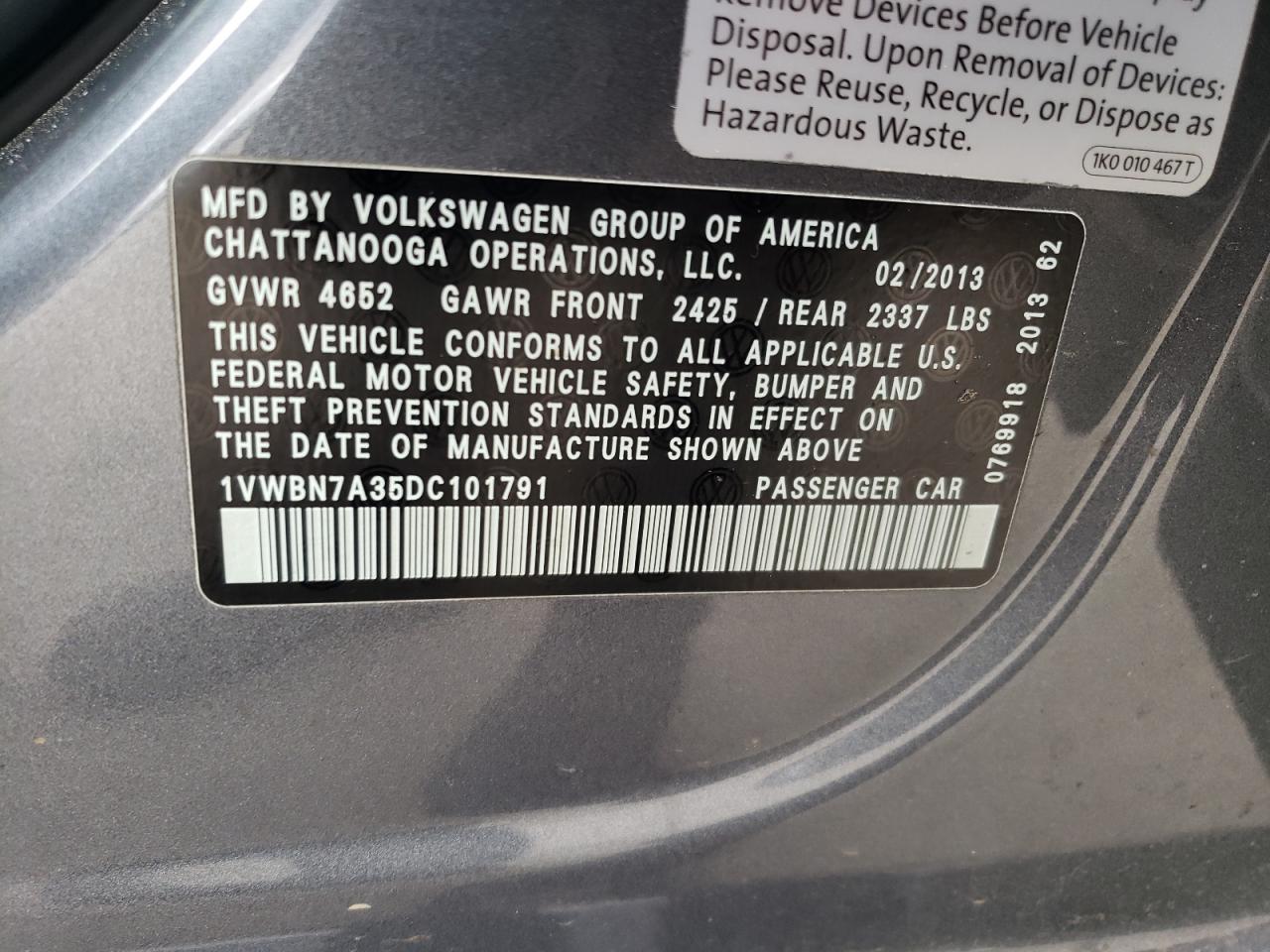 2013 Volkswagen Passat Se VIN: 1VWBN7A35DC101791 Lot: 57071795