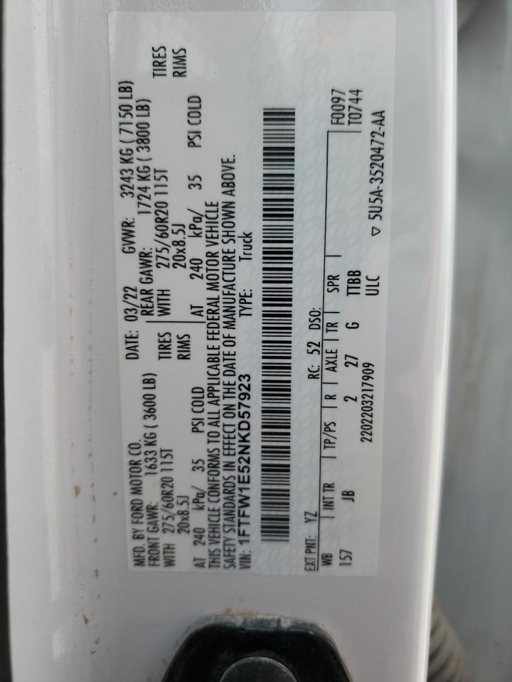 2022 Ford F150 Supercrew VIN: 1FTFW1E52NKD57923 Lot: 55446415
