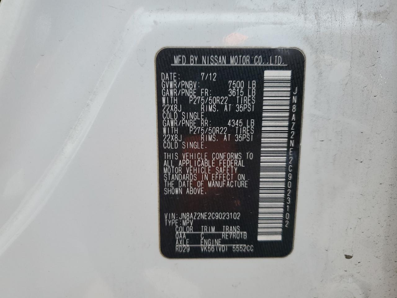 2012 Infiniti Qx56 VIN: JN8AZ2NE2C9023102 Lot: 57499435