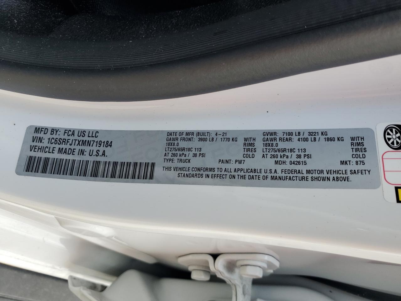 2021 Ram 1500 Laramie VIN: 1C6SRFJTXMN719184 Lot: 57024995