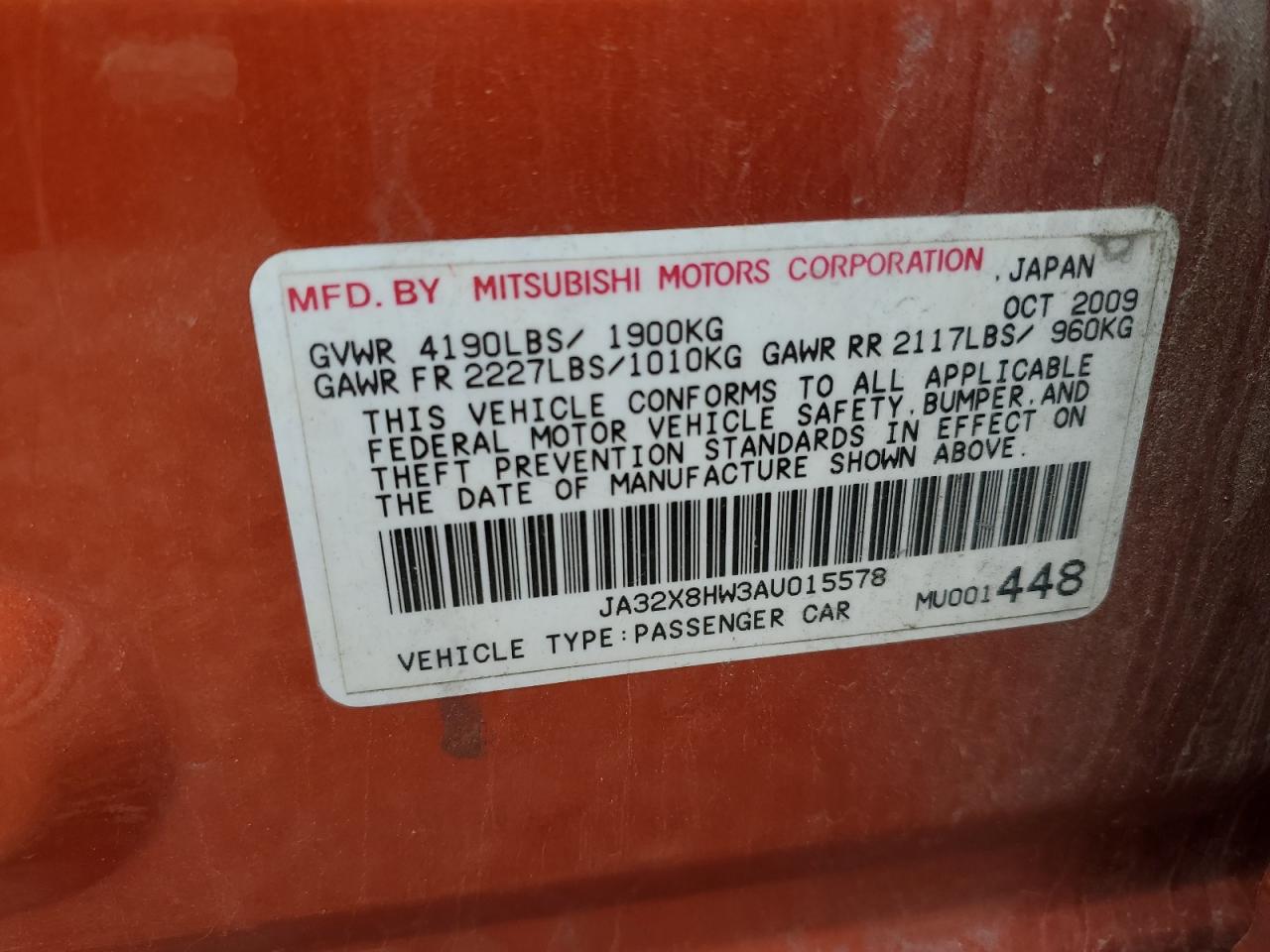 2010 Mitsubishi Lancer Gts VIN: JA32X8HW3AU015578 Lot: 56517875