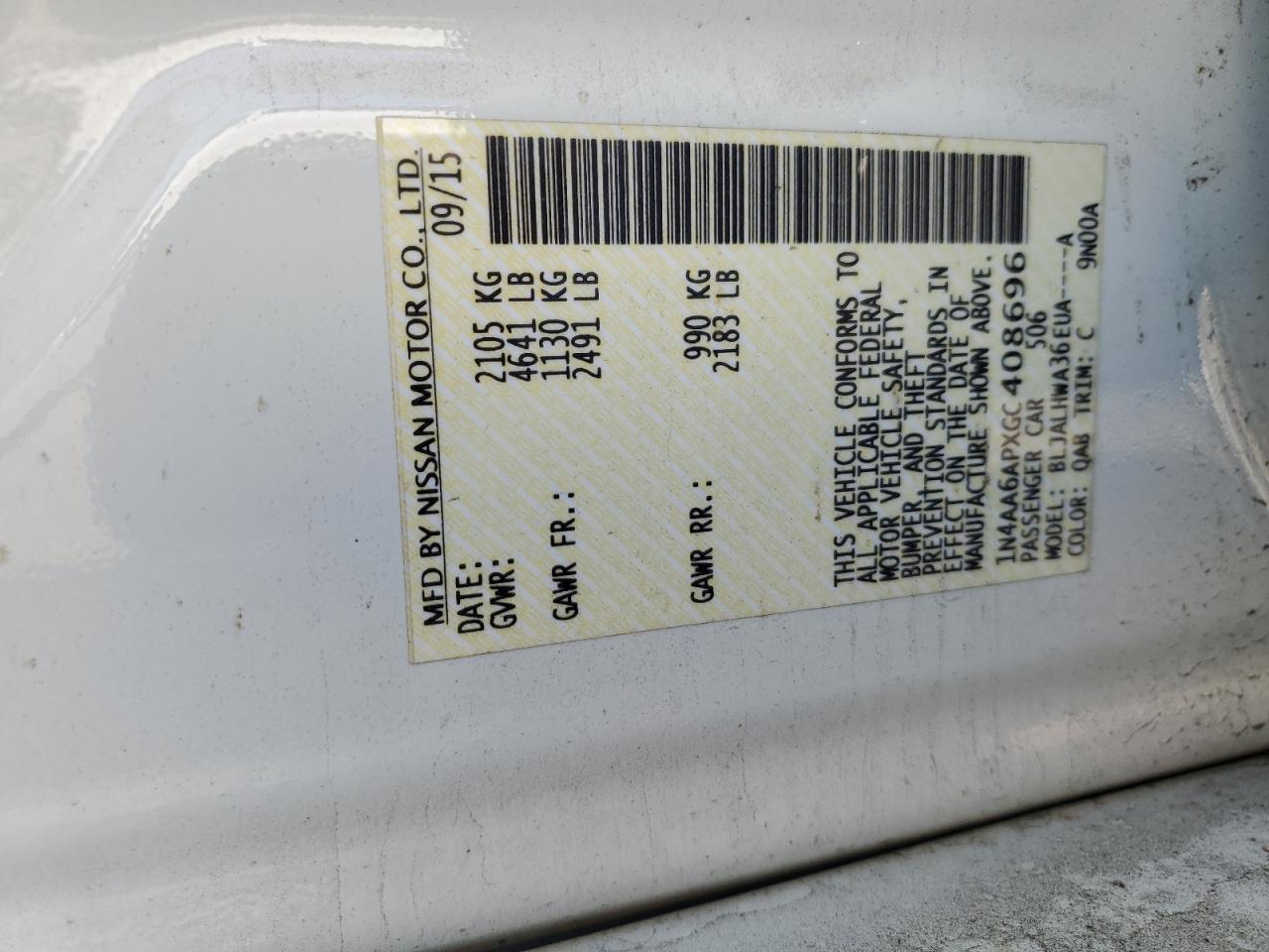 1N4AA6APXGC408696 NISSAN MAXIMA 2016