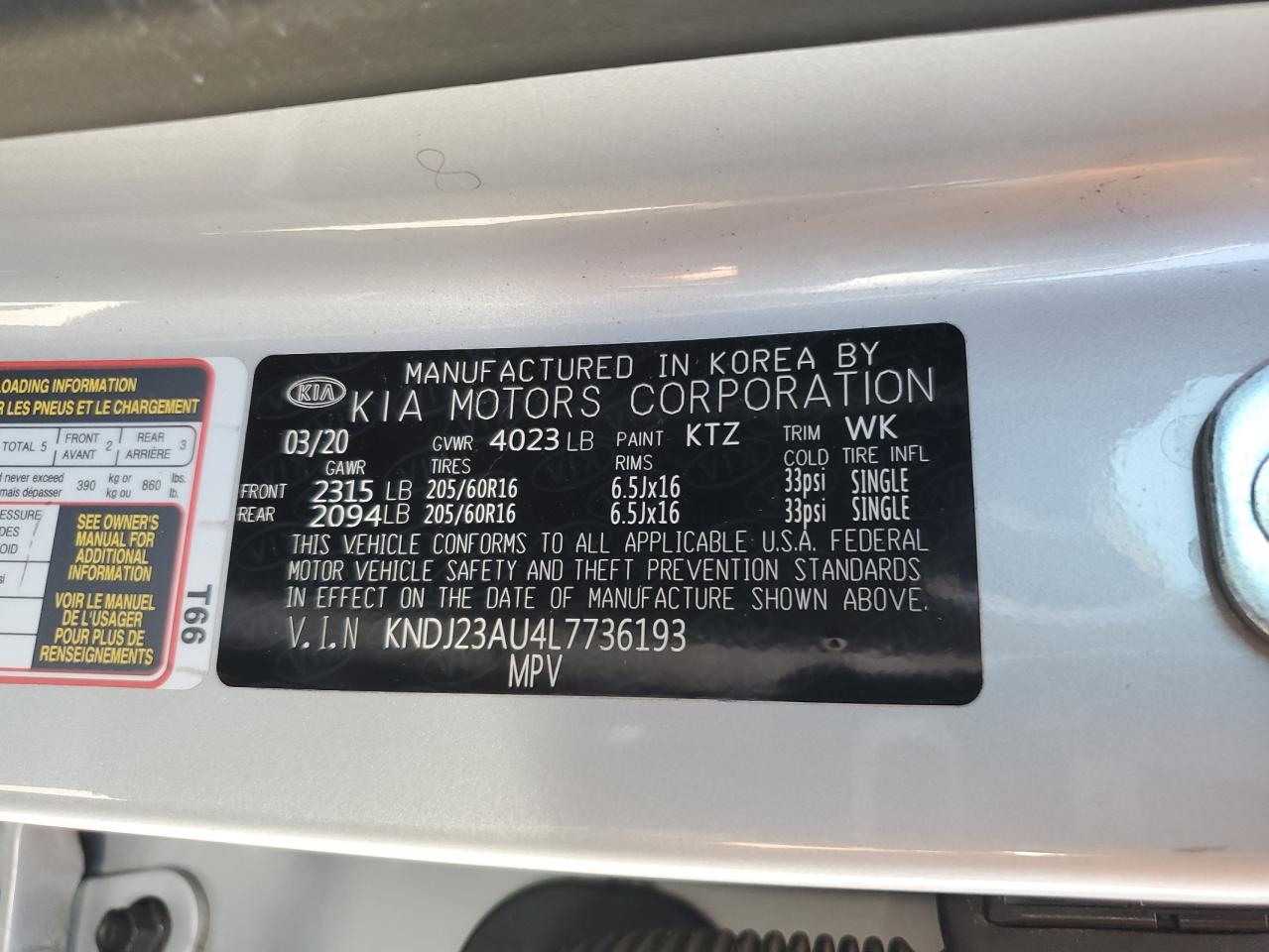 2020 Kia Soul Lx VIN: KNDJ23AU4L7736193 Lot: 56662665