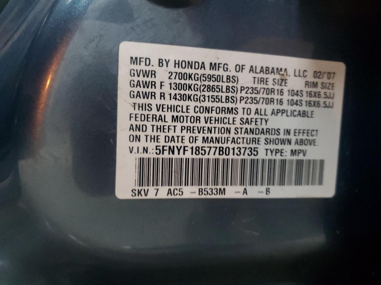 2007 Honda Pilot Exl VIN: 5FNYF18577B013735 Lot: 56183535