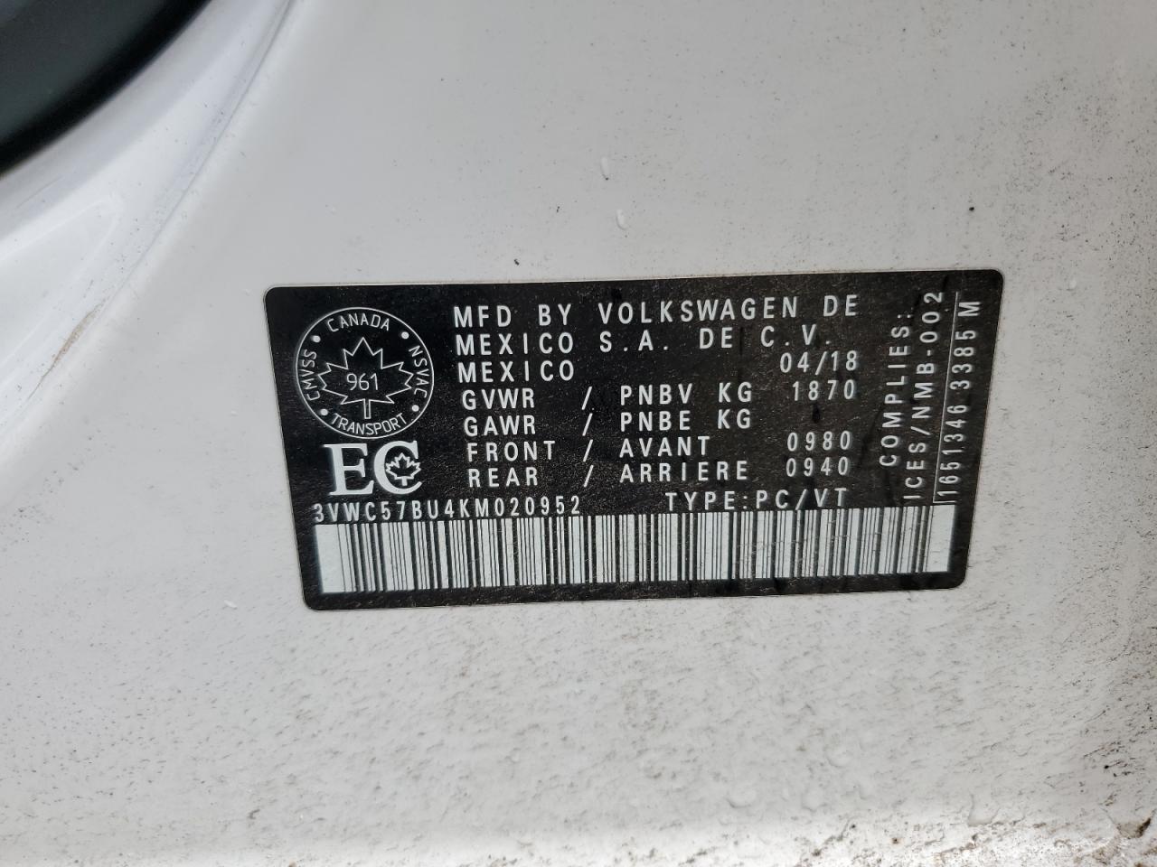 2019 Volkswagen Jetta S VIN: 3VWC57BU4KM020952 Lot: 57087475