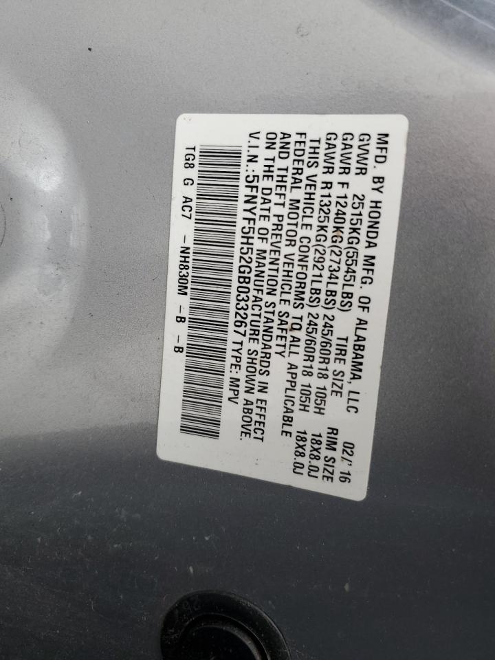 5FNYF5H52GB033267 HONDA PILOT 2016