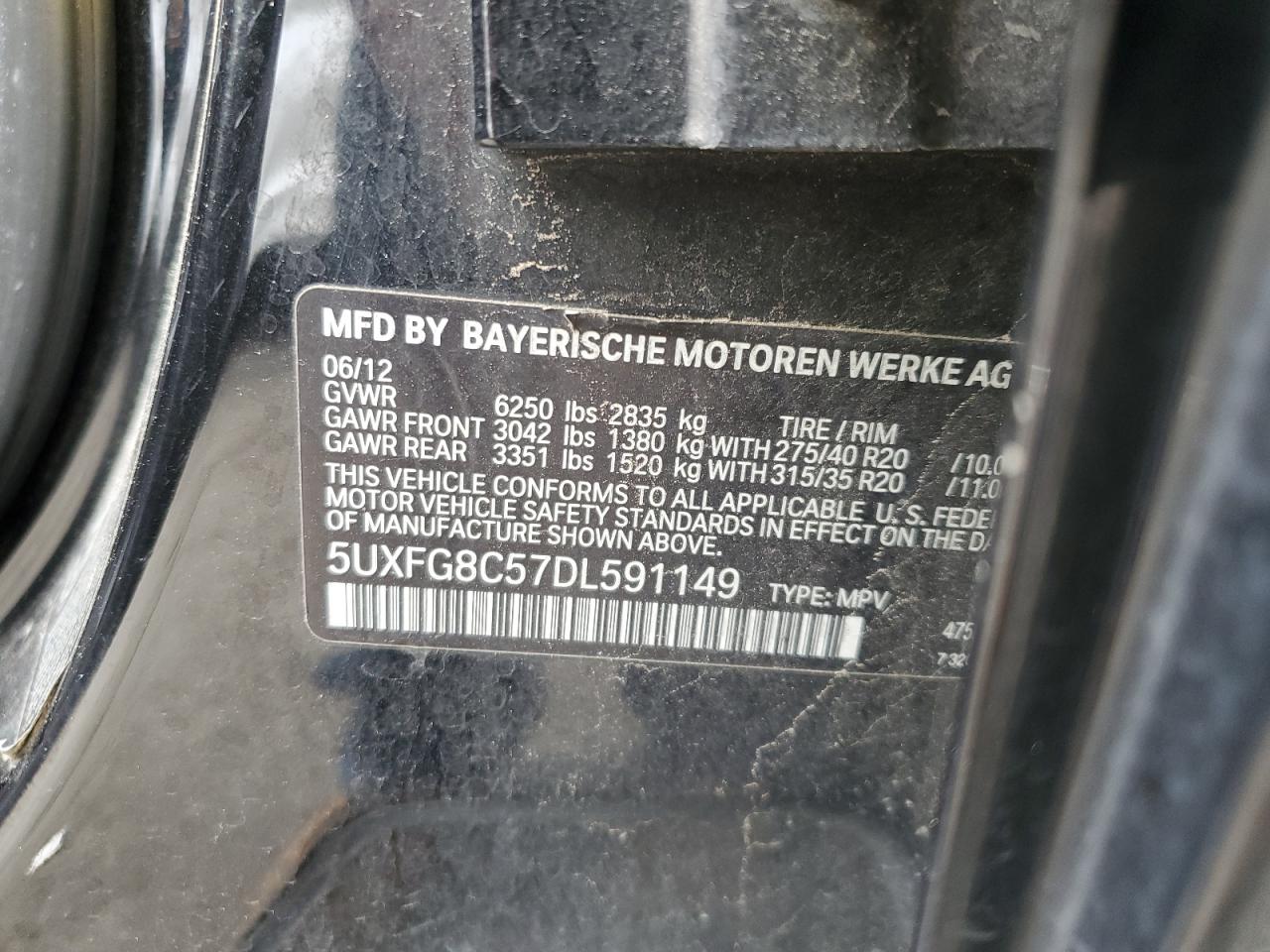 2013 BMW X6 xDrive50I VIN: 5UXFG8C57DL591149 Lot: 56979865