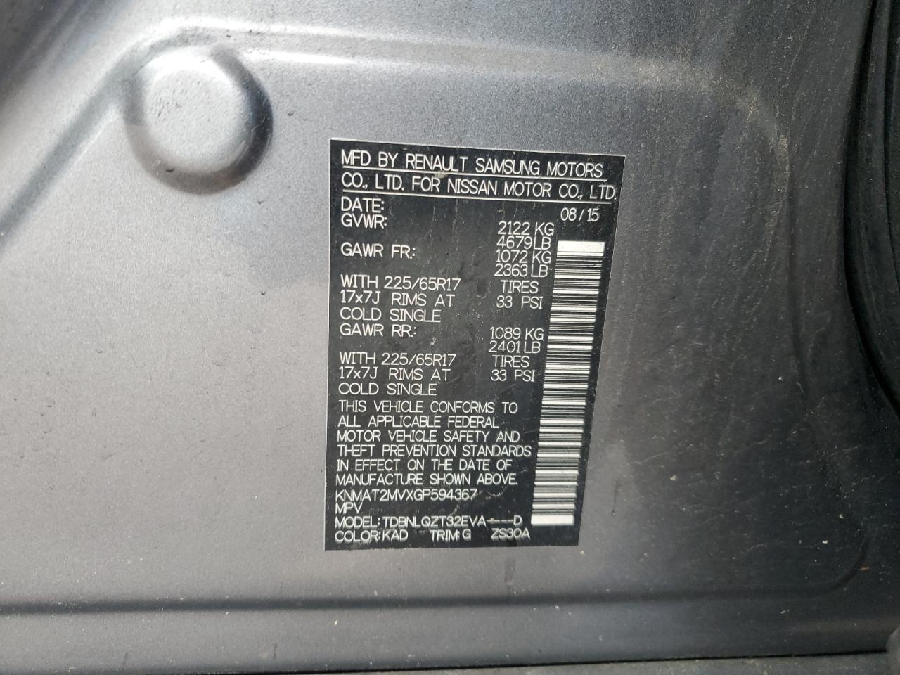 2016 Nissan Rogue S VIN: KNMAT2MVXGP594367 Lot: 57076665