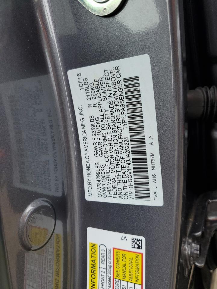 2018 Honda Accord Ex VIN: 1HGCV1F43JA252224 Lot: 57036535