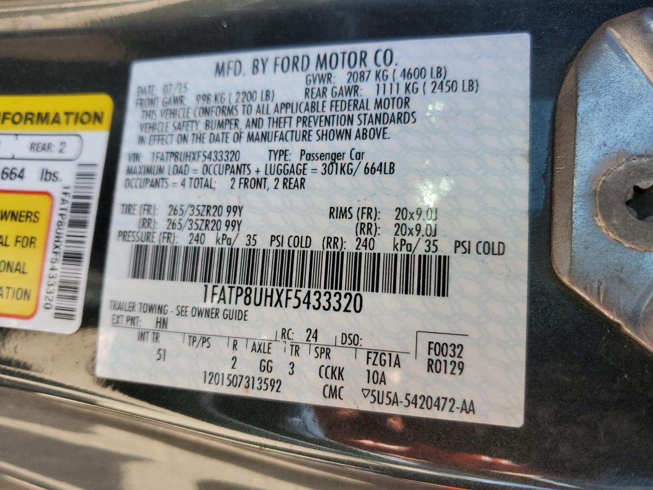 2015 Ford Mustang VIN: 1FATP8UHXF5433320 Lot: 57146595
