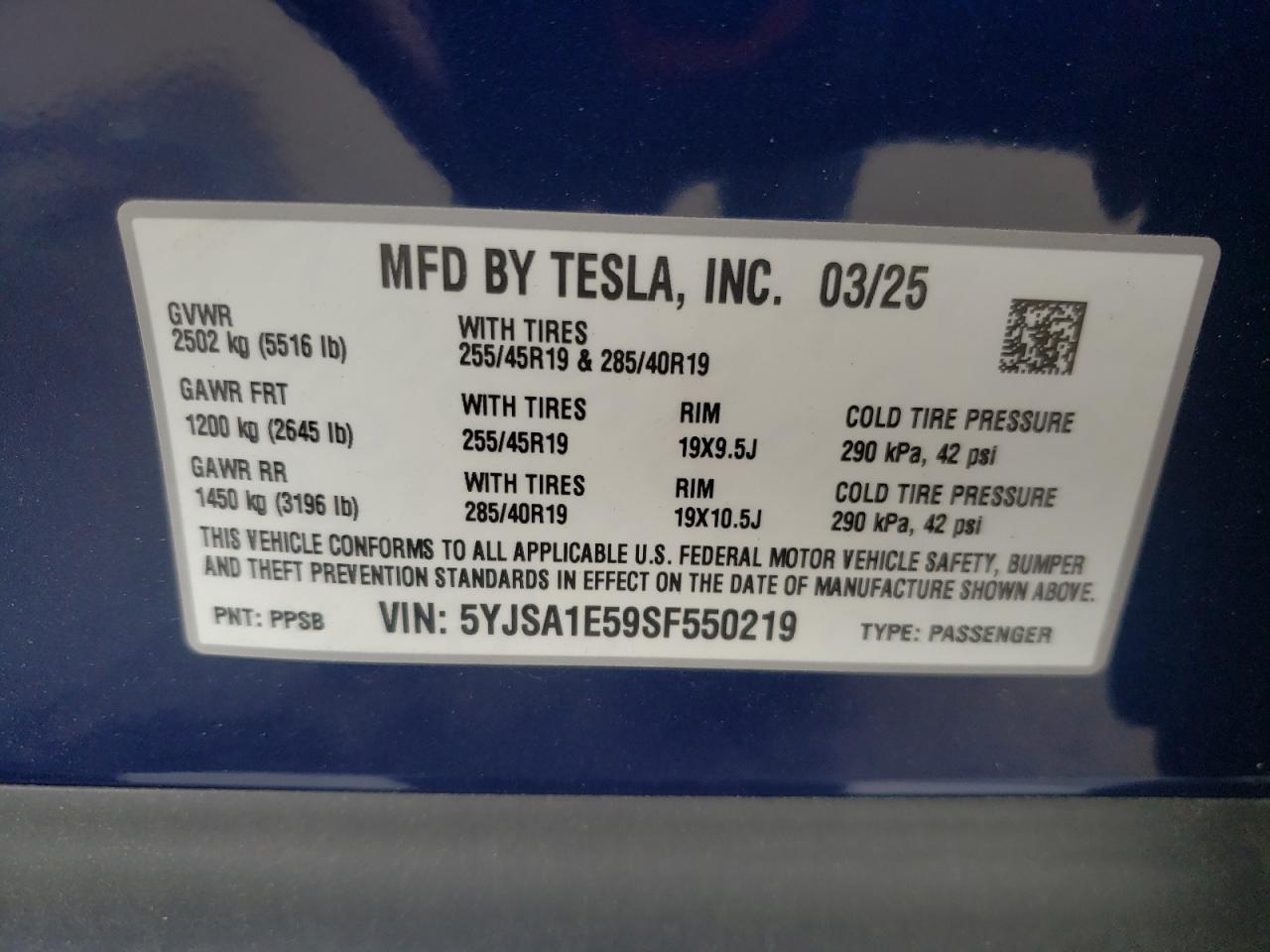 2025 Tesla Model S VIN: 5YJSA1E59SF550219 Lot: 57155365