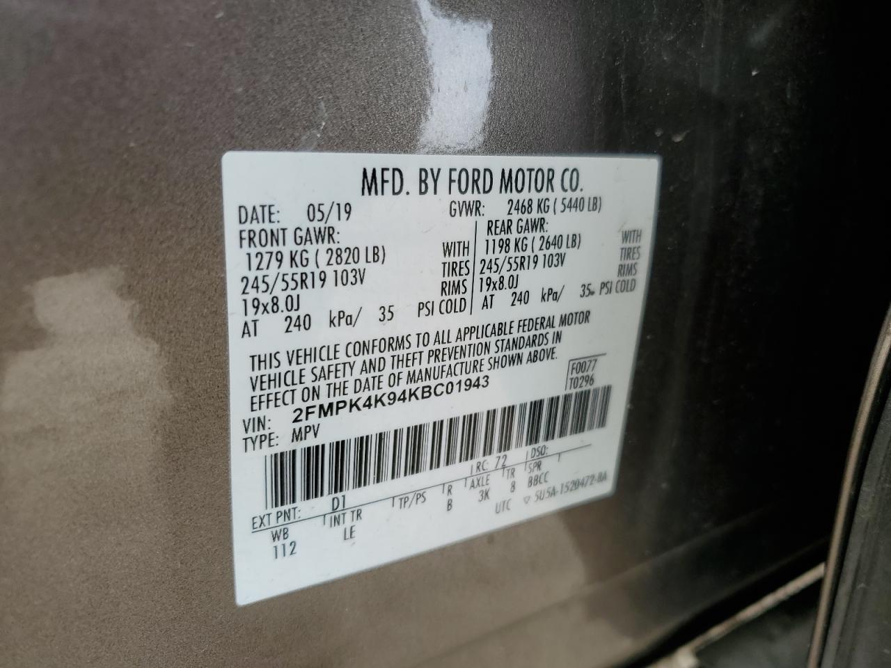 2019 Ford Edge Titanium VIN: 2FMPK4K94KBC01943 Lot: 56916455
