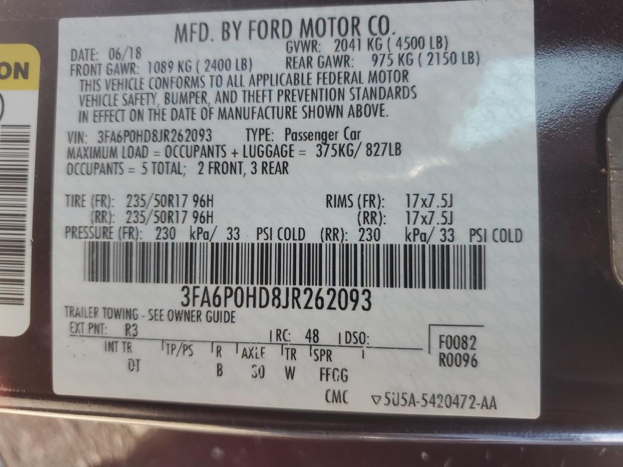 2018 Ford Fusion Se VIN: 3FA6P0HD8JR262093 Lot: 56147865
