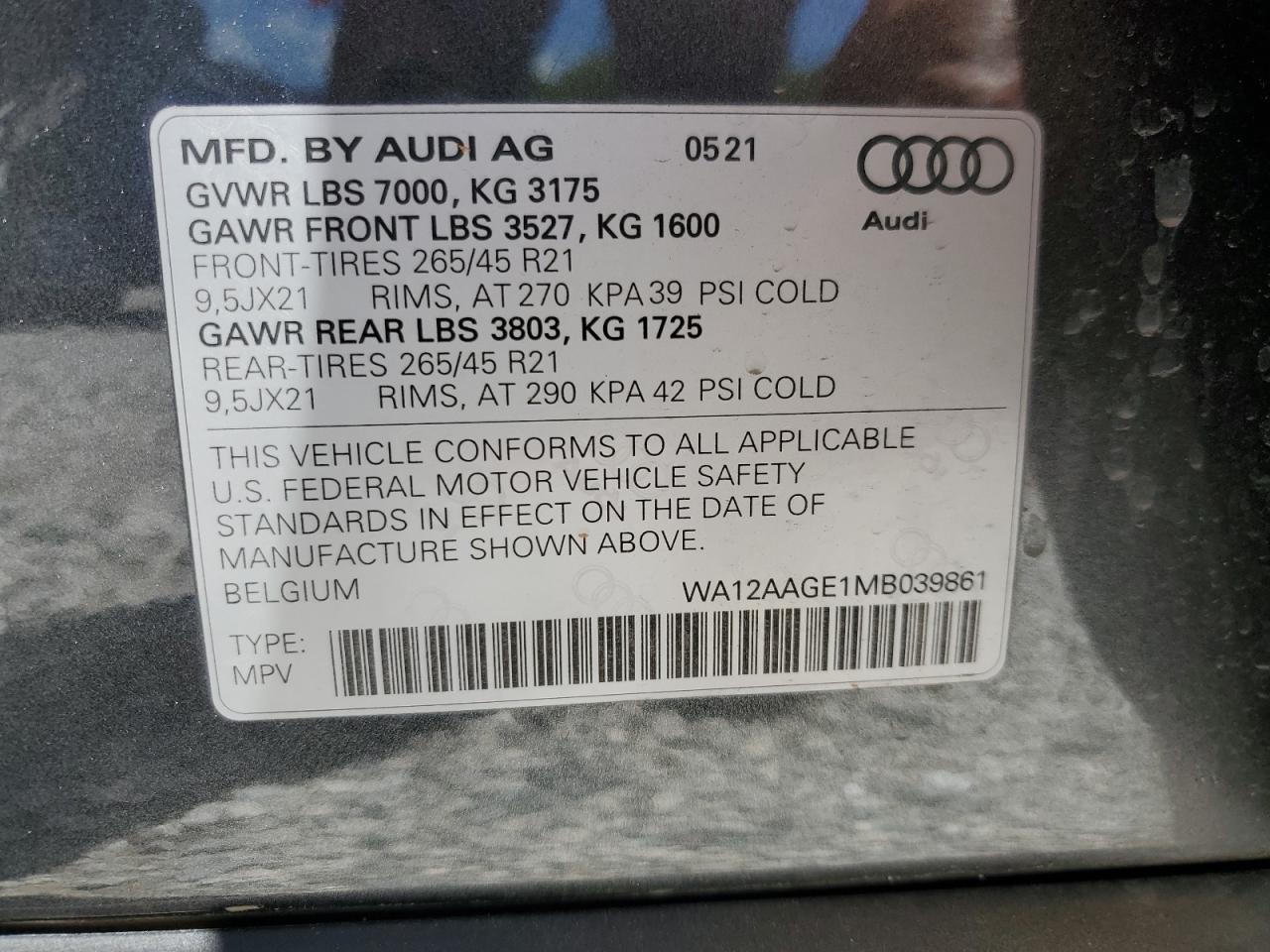 2021 Audi E-Tron Sportback Premium Plus VIN: WA12AAGE1MB039861 Lot: 54864445