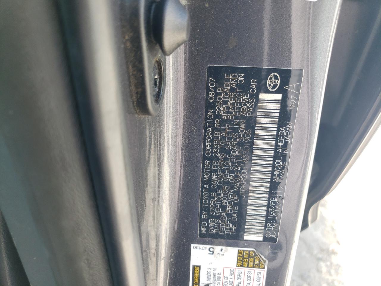 2008 Toyota Prius VIN: JTDKB20U183301906 Lot: 56580325