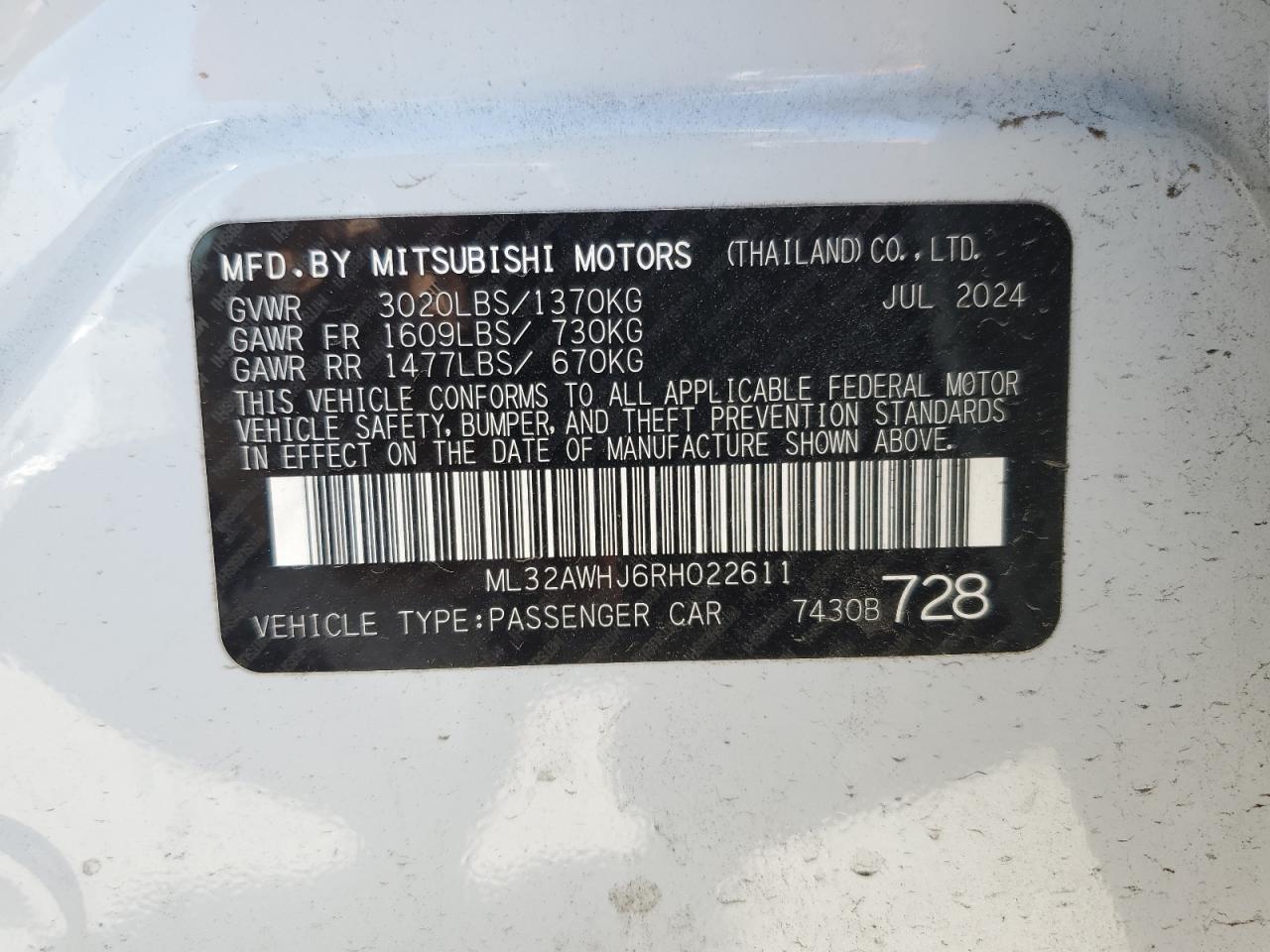 2024 Mitsubishi Mirage Se VIN: ML32AWHJ6RH022611 Lot: 53972165