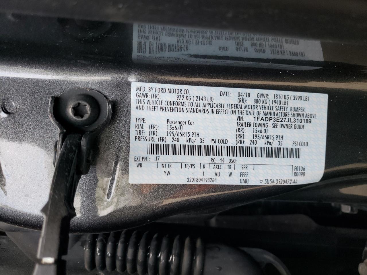 1FADP3E27JL310189 FORD FOCUS 2018