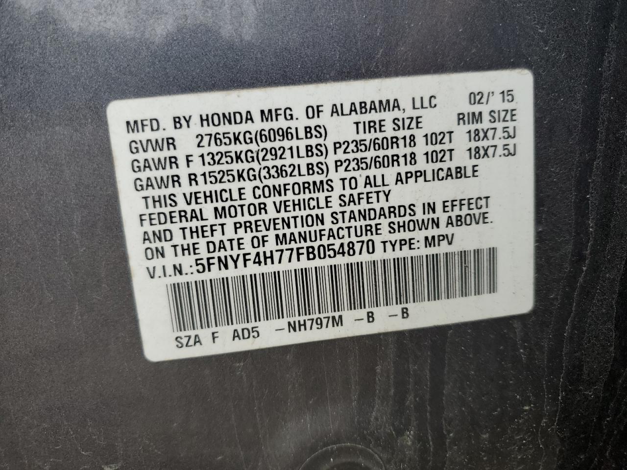 2015 Honda Pilot Exln VIN: 5FNYF4H77FB054870 Lot: 56543955