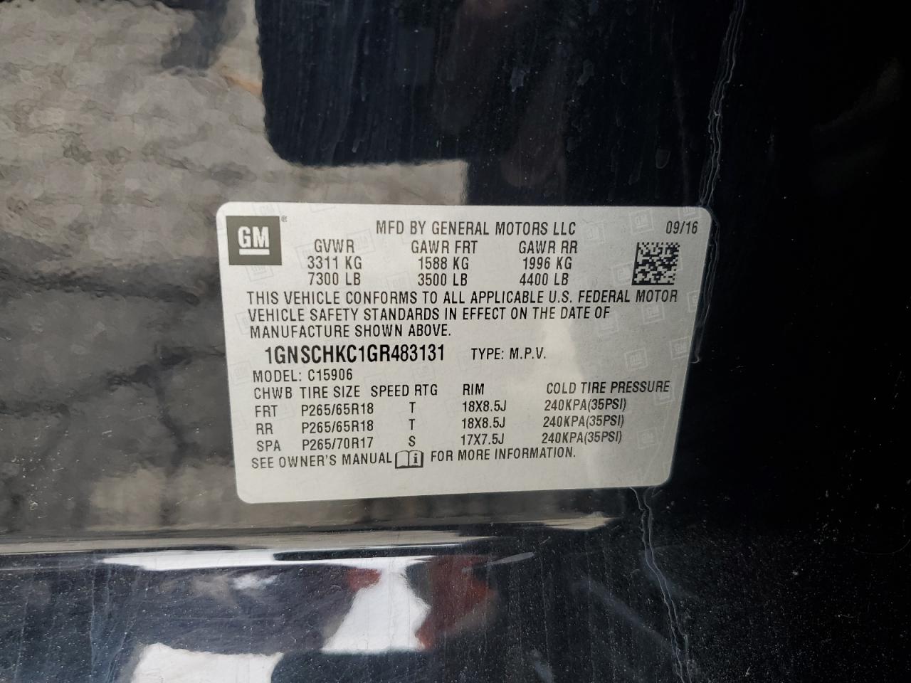 2016 Chevrolet Suburban C1500 Lt VIN: 1GNSCHKC1GR483131 Lot: 56422465
