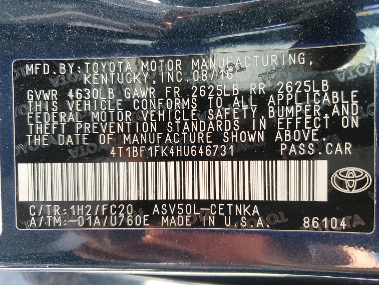 4T1BF1FK4HU646731 TOYOTA CAMRY 2017
