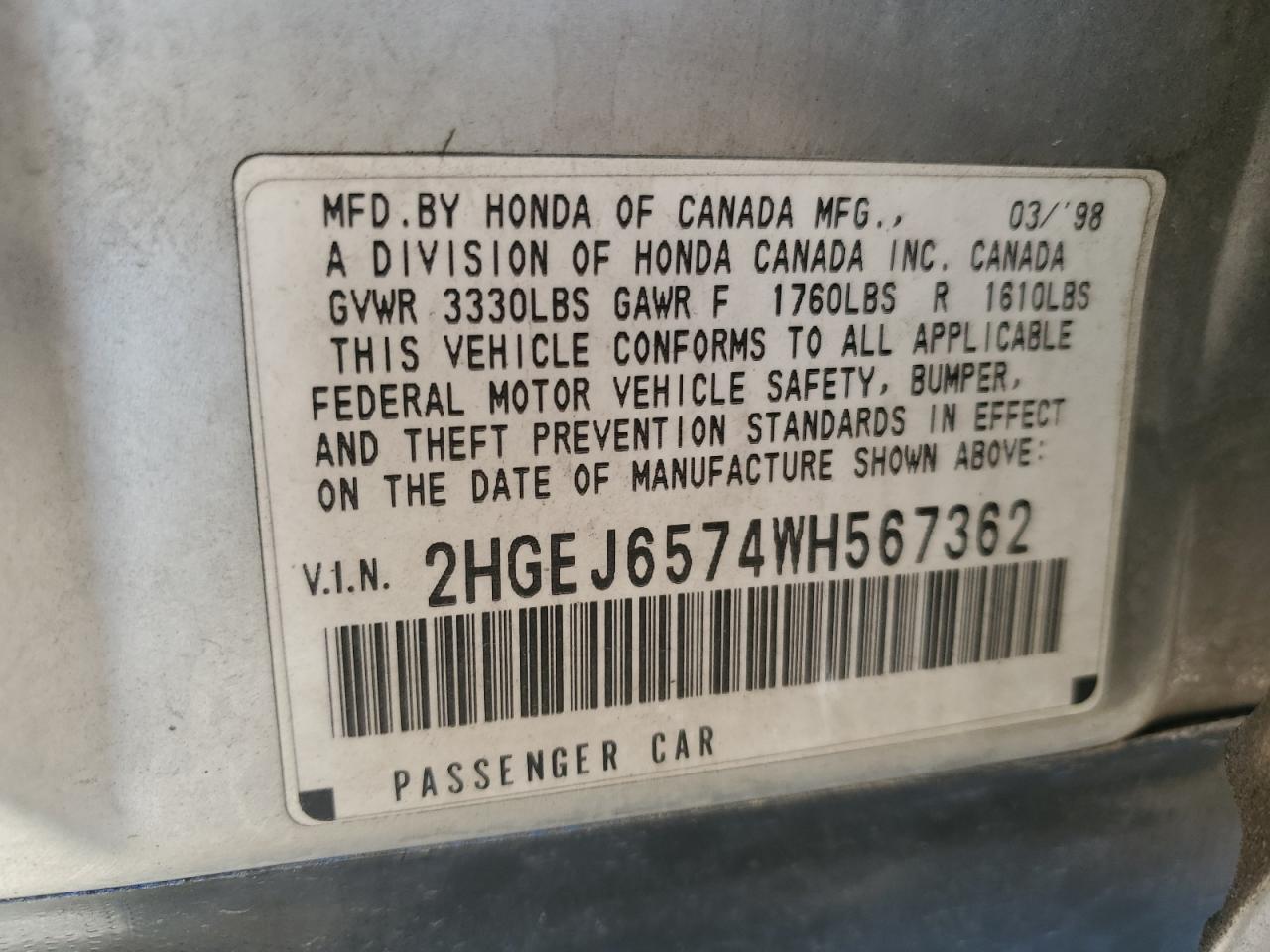 1998 Honda Civic Lx VIN: 2HGEJ6574WH567362 Lot: 57212705