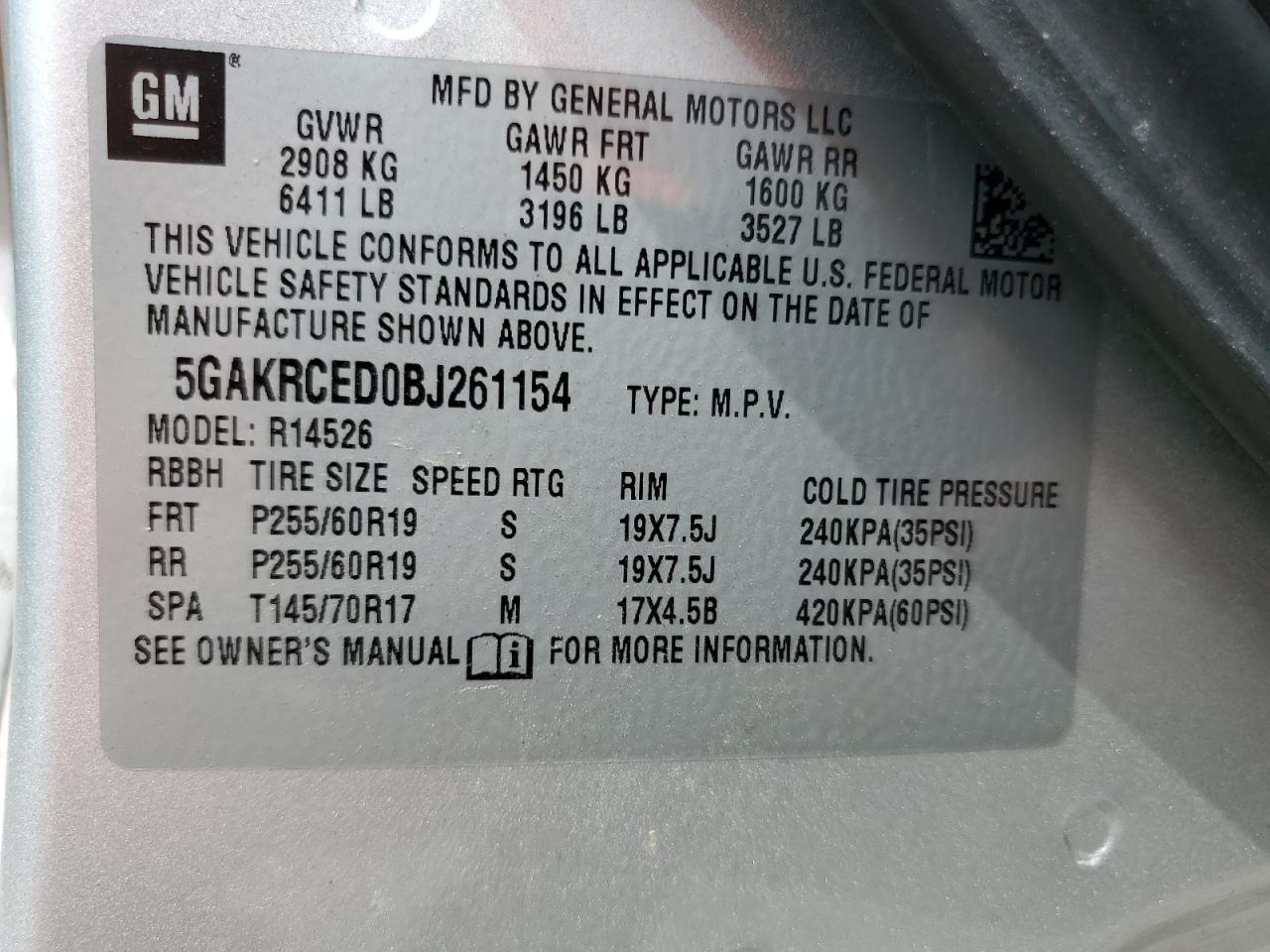 2011 Buick Enclave Cxl VIN: 5GAKRCED0BJ261154 Lot: 57090235