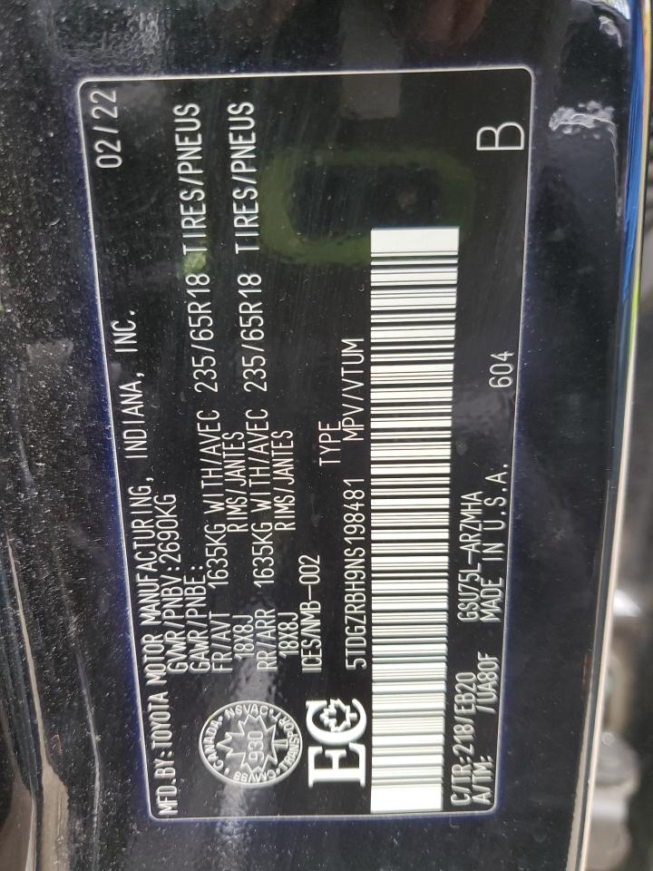 2022 Toyota Highlander Xle VIN: 5TDGZRBH9NS198481 Lot: 55967505