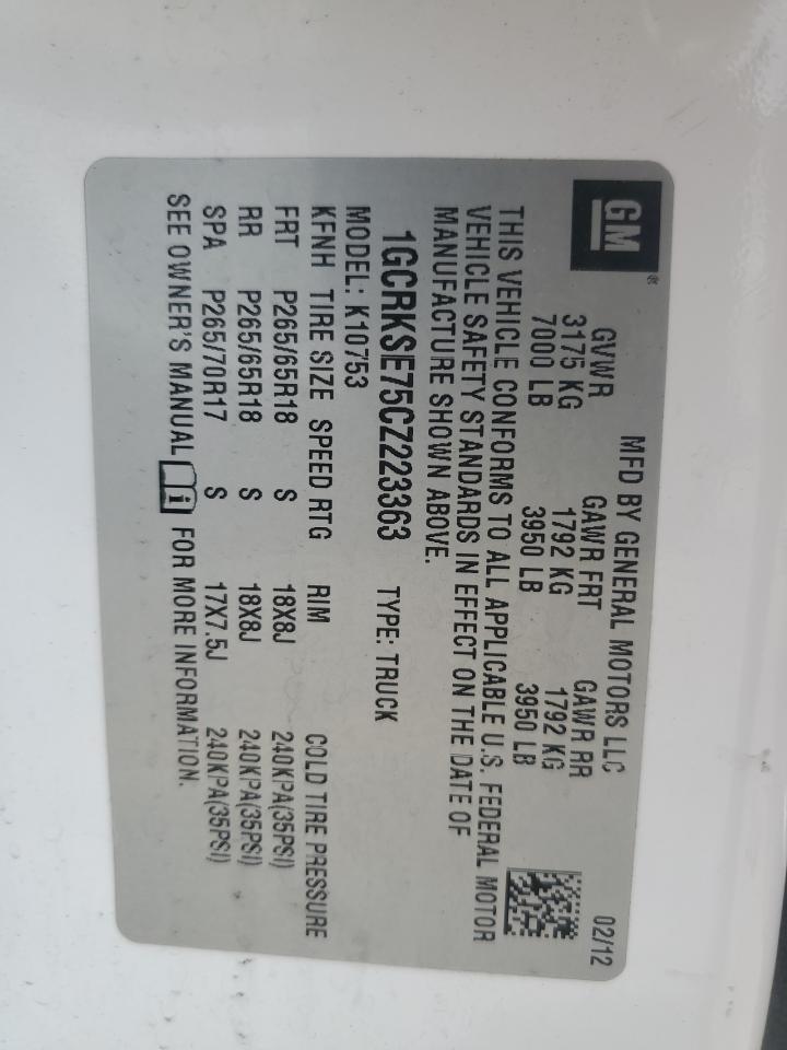 2012 Chevrolet Silverado K1500 Lt VIN: 1GCRKSE75CZ223363 Lot: 56725615