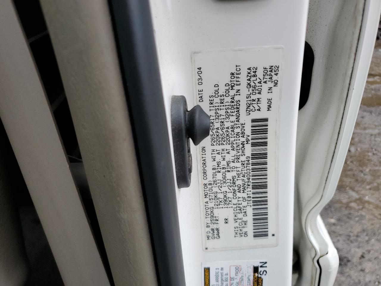 2004 Toyota 4Runner Limited VIN: JTEBT17R940037849 Lot: 56671715