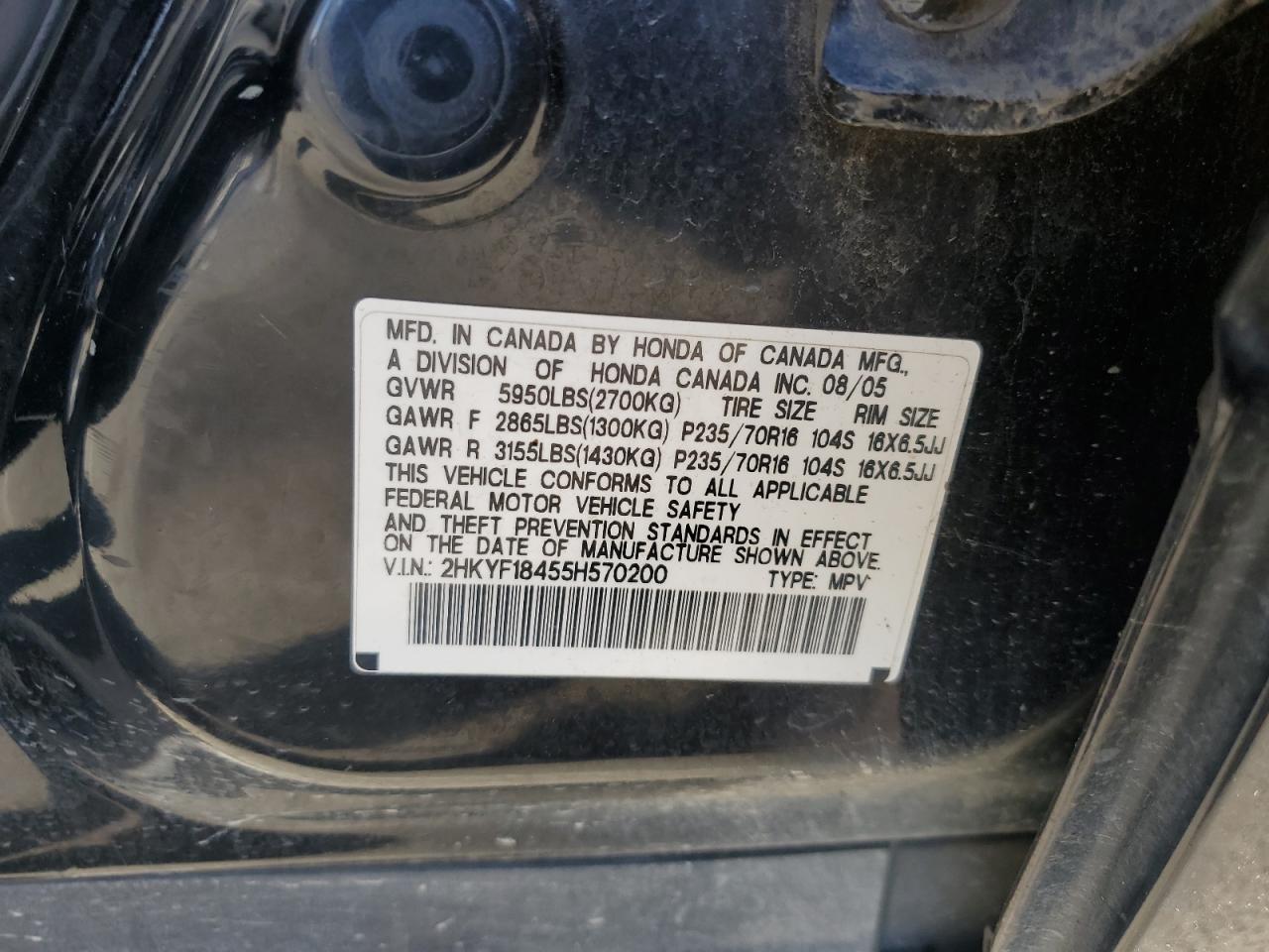 2005 Honda Pilot Ex VIN: 2HKYF18455H570200 Lot: 56999135