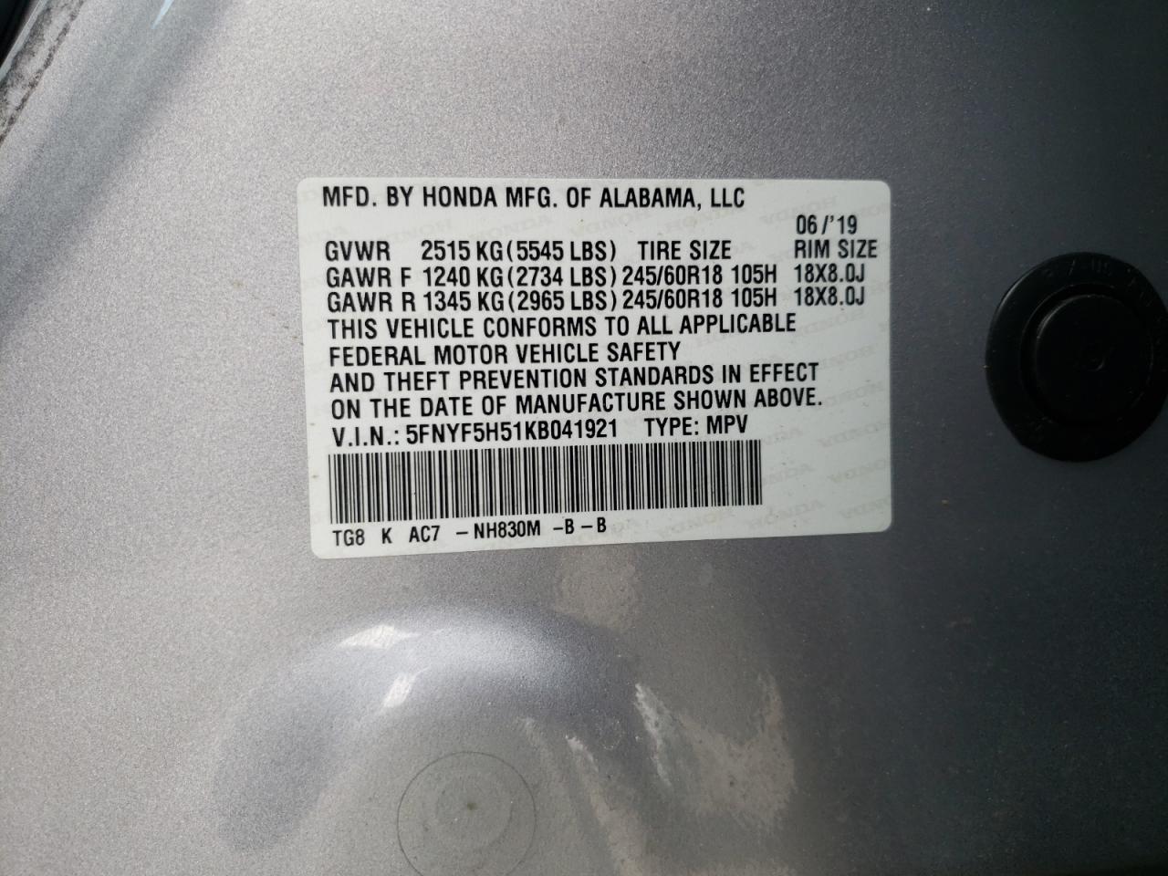 5FNYF5H51KB041921 HONDA PILOT 2019