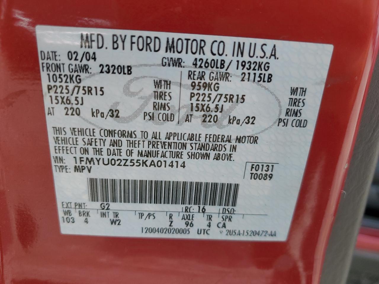 2005 Ford Escape Xls VIN: 1FMYU02Z55KA01414 Lot: 57018665