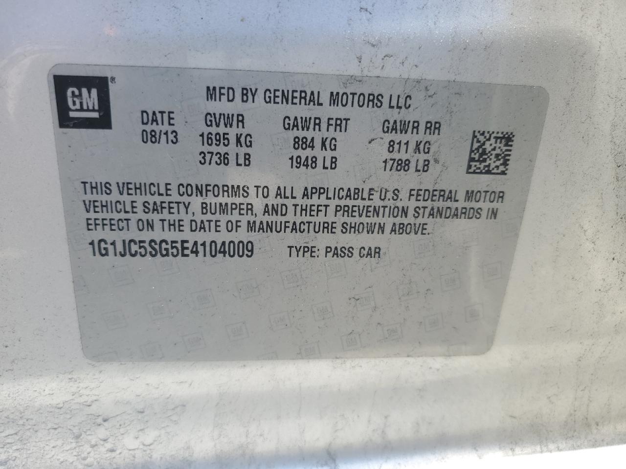 2014 Chevrolet Sonic Lt VIN: 1G1JC5SG5E4104009 Lot: 56300695