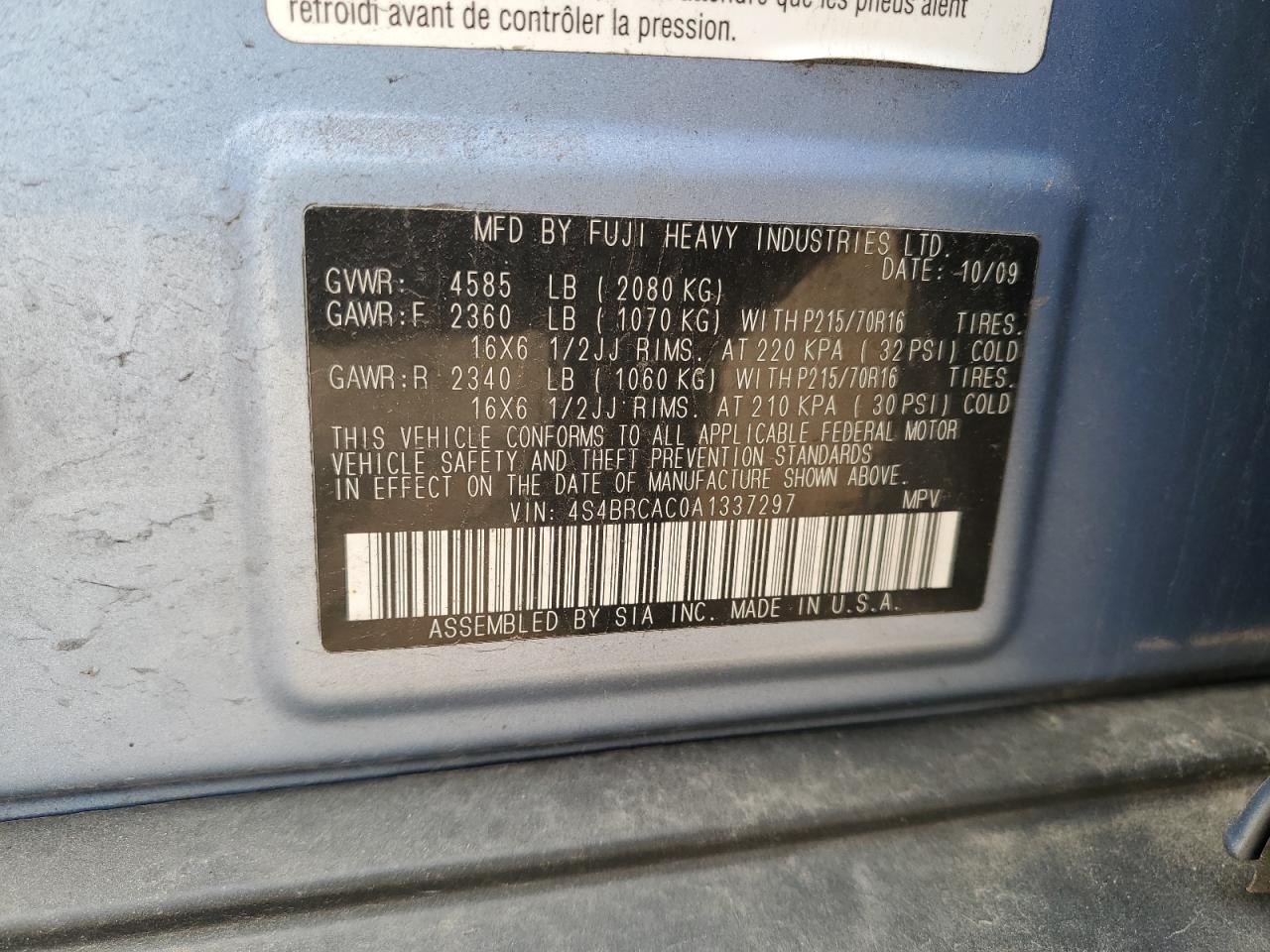 2010 Subaru Outback 2.5I VIN: 4S4BRCAC0A1337297 Lot: 56310575