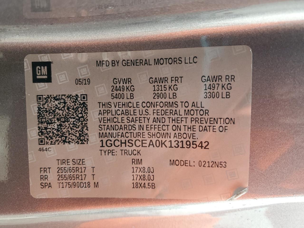 1GCHSCEA0K1319542 CHEVROLET COLORADO 2019