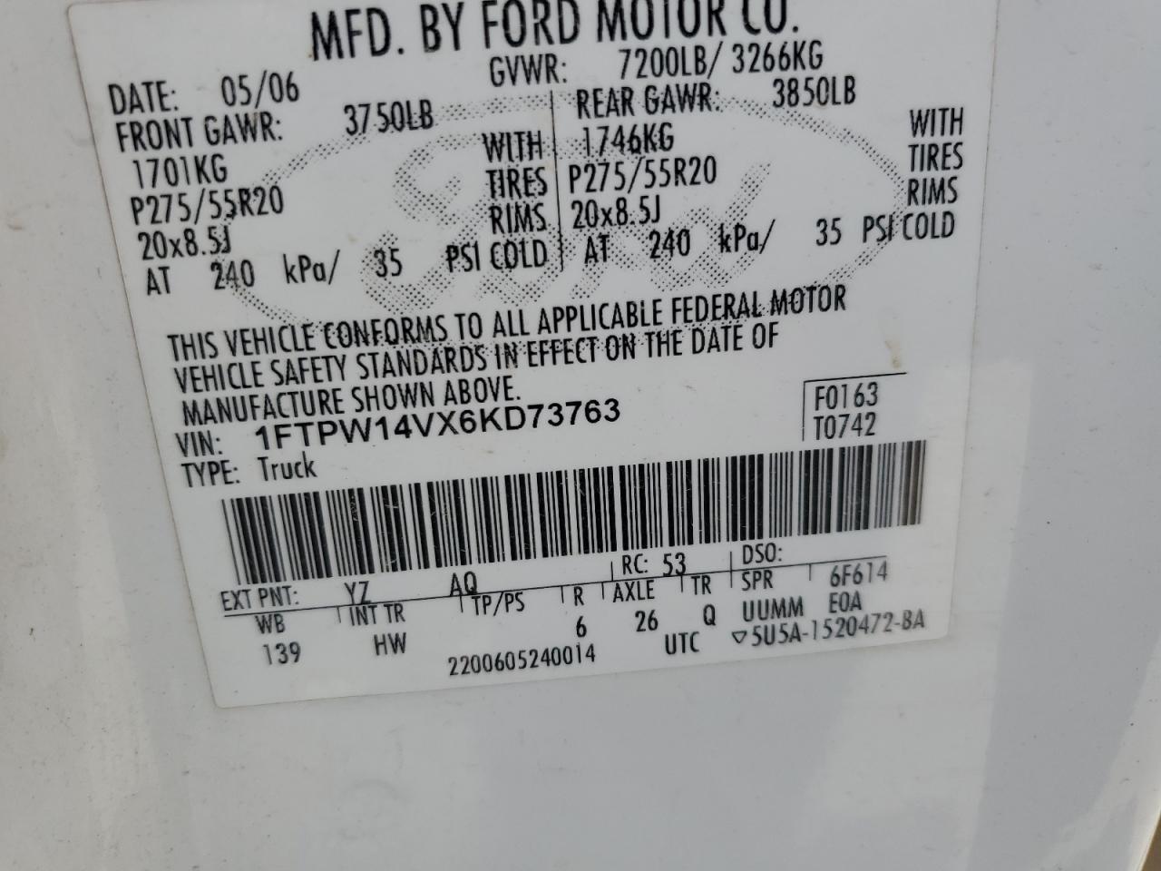 2006 Ford F150 Supercrew VIN: 1FTPW14VX6KD73763 Lot: 56748175