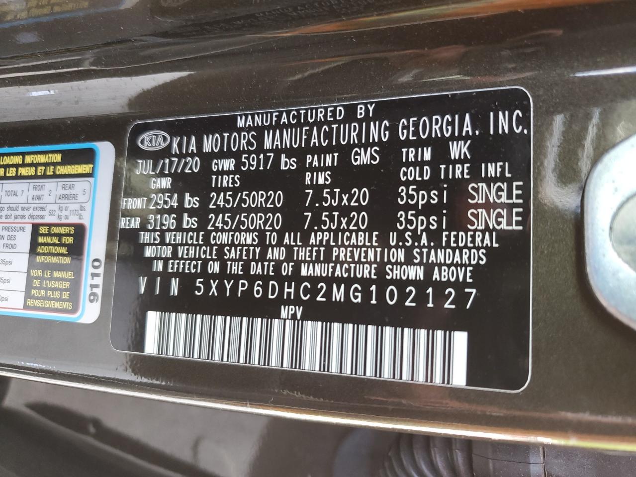 2021 Kia Telluride S VIN: 5XYP6DHC2MG102127 Lot: 57113185