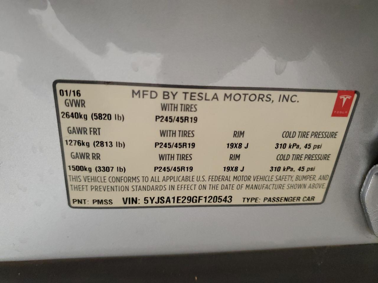 2016 Tesla Model S VIN: 5YJSA1E29GF120543 Lot: 56574425
